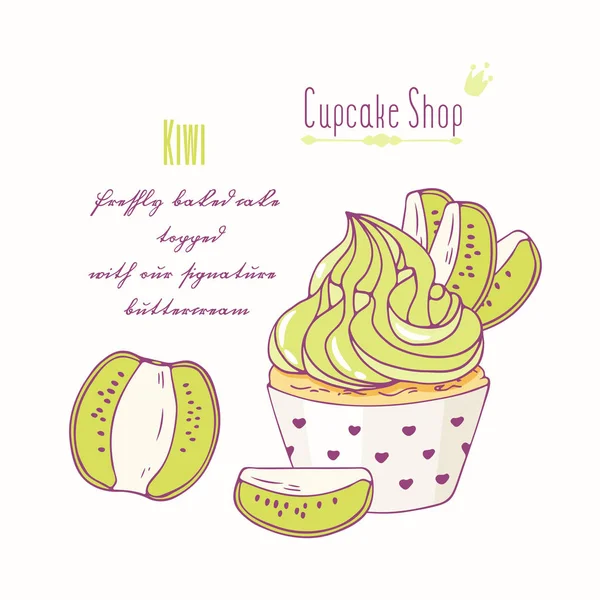 Cupcake dessiné à la main avec crème au beurre doodle pour menu pâtisserie. Saveur kiwi — Image vectorielle