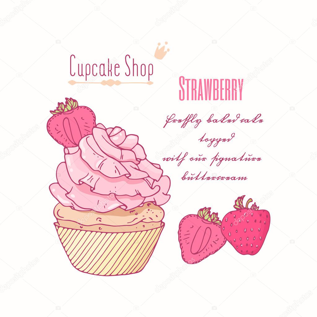 Hand drawn cupcake with doodle buttercream for pastry shop menu. Strawberry flavor
