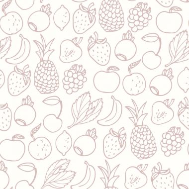 Elle çizilmiş karikatür meyve seamless modeli. Meyve, karışık ve berry tatlar. Anahat gıda arka plan
