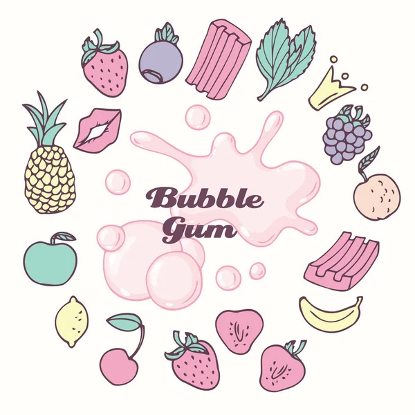 Cadre rond avec gomme à bulles dessinée à la main et des saveurs de fruits, de baies et de menthe. Fond doux — Image vectorielle