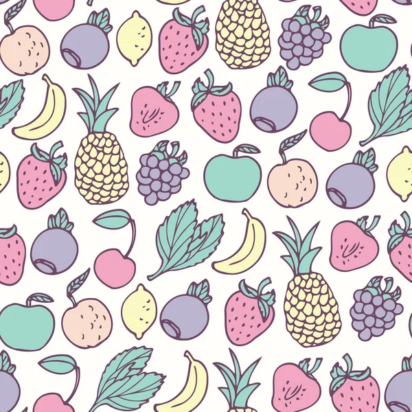 Dibujado a mano frutas de dibujos animados patrón sin costura. Sabores a frutas, multifrutas y bayas — Archivo Imágenes Vectoriales