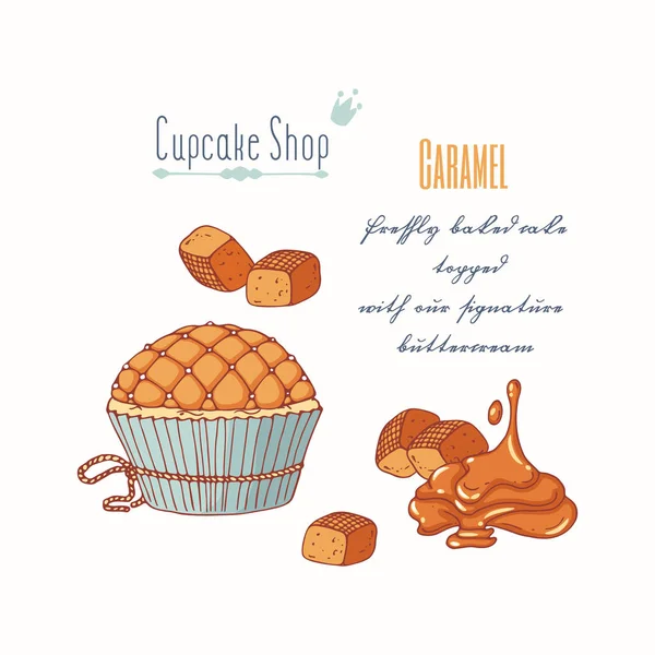 Ręcznie rysowane ciastko z doodle buttercream pastry shop menu. Cukierki karmelowe smak — Wektor stockowy