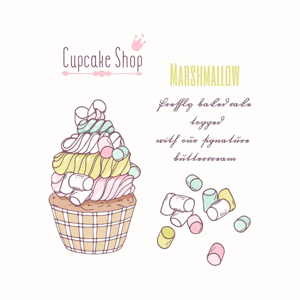 Hand getrokken cupcake met doodle botterroom voor gebak winkel menu. Marshmallow smaak — Stockvector