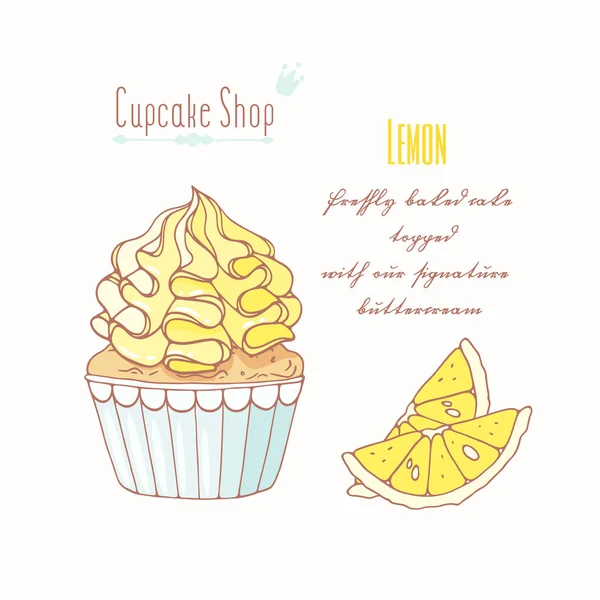 Ręcznie rysowane ciastko z doodle buttercream pastry shop menu. Smak cytrynowy — Wektor stockowy