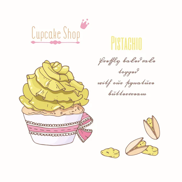 Hand getrokken cupcake met doodle botterroom voor gebak winkel menu. Pistache smaak — Stockvector