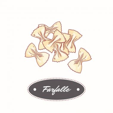 Elle çizilmiş makarna farfalle beyaz izole. Öğe için restoran veya gıda ambalaj tasarımı
