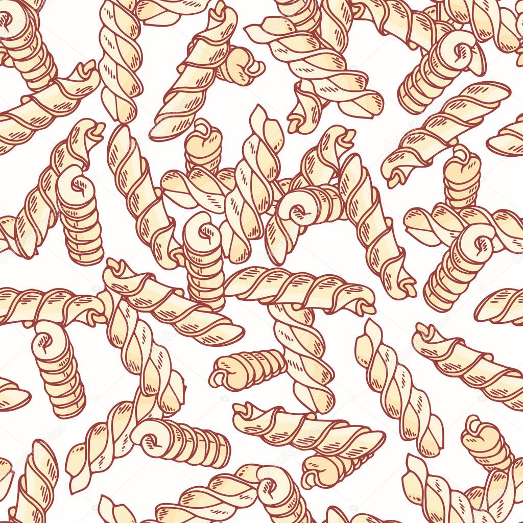 Hand drawn pasta Fusilli seamless pattern. Background for restaurant or food package design