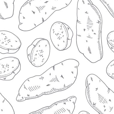 Elle çizilmiş seamless modeli ile tatlı patates. Kroki tarzı tek renkli arka plan