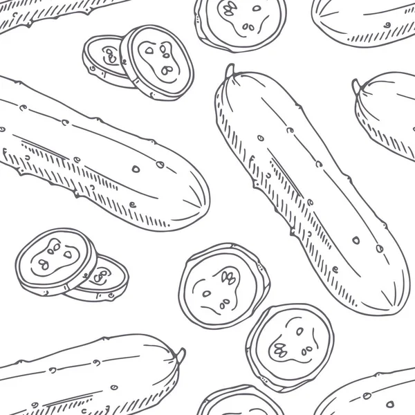 Hand drawn seamless pattern with cucumber. Monochrome background in sketch style — Stock Vector