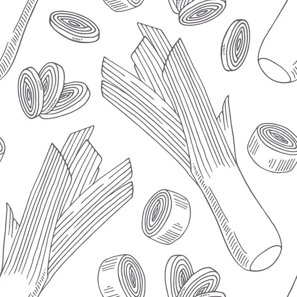 Hand drawn seamless pattern with leek. Monochrome background in sketch style — Stock Vector