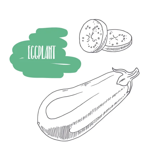Berinjela desenhada à mão isolada em branco. Sketch estilo legumes com fatias para o mercado, cozinha ou design de pacote de alimentos — Vetor de Stock