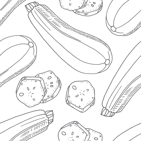 Modèle sans couture dessiné à la main avec des courgettes. Fond monochrome dans le style croquis — Image vectorielle