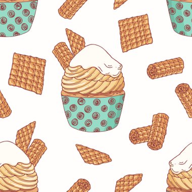El doodle cupcake, waffle ve buttercream çizilmiş seamless modeli. Gıda arka plan