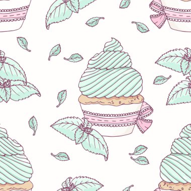 El doodle cupcake ve nane buttercream ile çizilmiş seamless modeli. Gıda arka plan. Vektör çizim