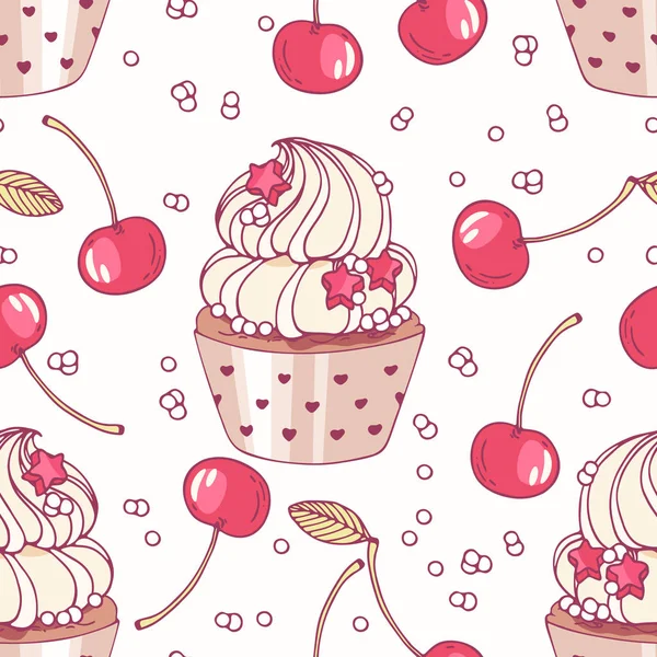 Modèle sans couture dessiné à la main avec cupcake doodle et crème au beurre cerise. Contexte alimentaire — Image vectorielle