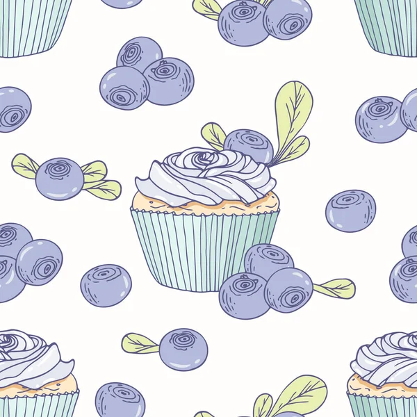 Handgezeichnetes nahtloses Muster mit Doodle-Cupcake und Blaubeer-Buttercreme. Lebensmittel-Hintergrund — Stockvektor