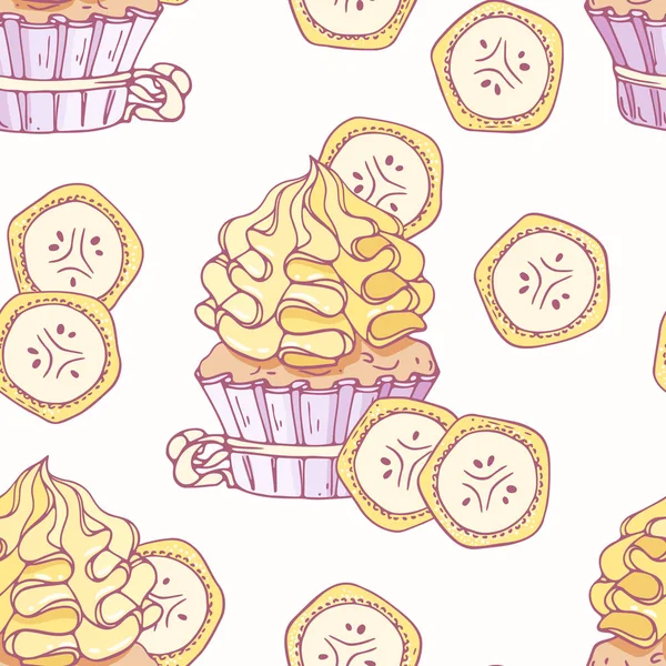 Handgezeichnetes nahtloses Muster mit Doodle-Cupcake und Bananen-Buttercreme. Lebensmittel-Hintergrund — Stockvektor