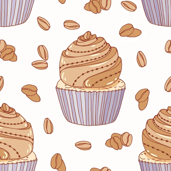 El doodle kek ve kahve buttercream ile çizilmiş seamless modeli. Gıda arka plan — Stok Vektör