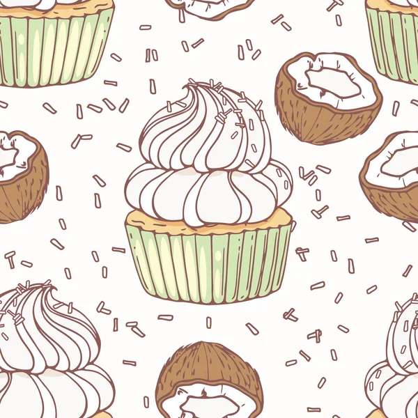 Handgezeichnetes nahtloses Muster mit Doodle-Cupcake, Kokosnuss und Buttercreme. Lebensmittel-Hintergrund — Stockvektor