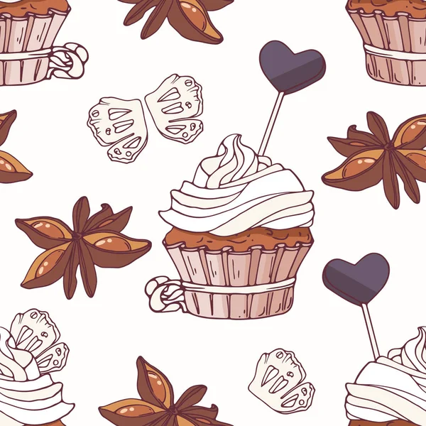 Kézzel rajzolt varrat nélküli mintát doodle cupcake, csillag ánizs, édesgyökér cukorkát és vajkrém. Élelmiszer-háttér — Stock Vector