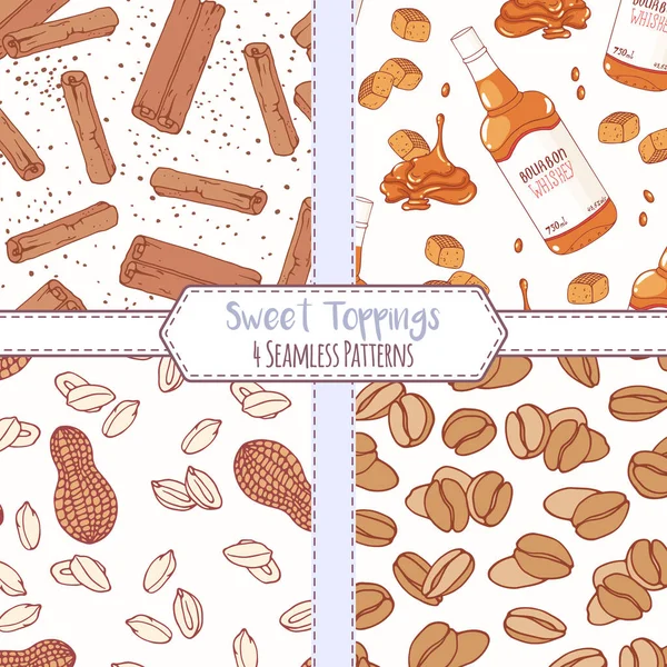 Set of hand drawn seamless patterns with cinnamon, bourbon caramel, peanut and coffee beans. Sweet toppings backgrounds — Stock Vector