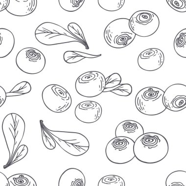 Blueberry ile el çizilmiş anahat seamless modeli. Siyah ve beyaz gıda arka plan