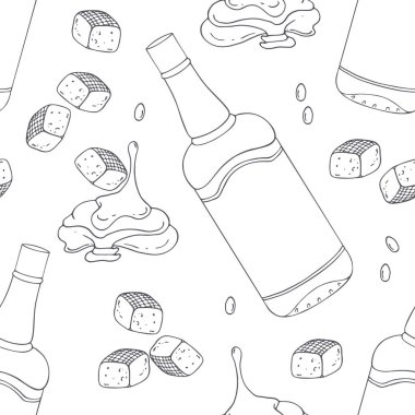 Bourbon karamel ile el çizilmiş anahat seamless modeli. Siyah ve beyaz gıda arka plan