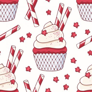 El doodle kırmızı kadife kek ile çizilmiş seamless modeli. Gıda arka plan