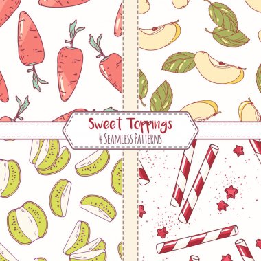 Havuç, elma, kivi ve kokteyl bardağı taşıran damla ile elle çizilmiş Dikişsiz desen seti. Tatlı Topingler arka planlar