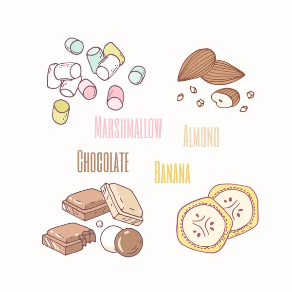 Seperangkat marshmallow topping manis, almond, coklat dan pisang. Makanan yang digambar tangan - Stok Vektor