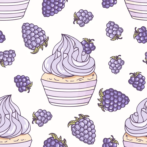 El doodle cupcake ve böğürtlen krema ile çizilmiş seamless modeli. Gıda arka plan
