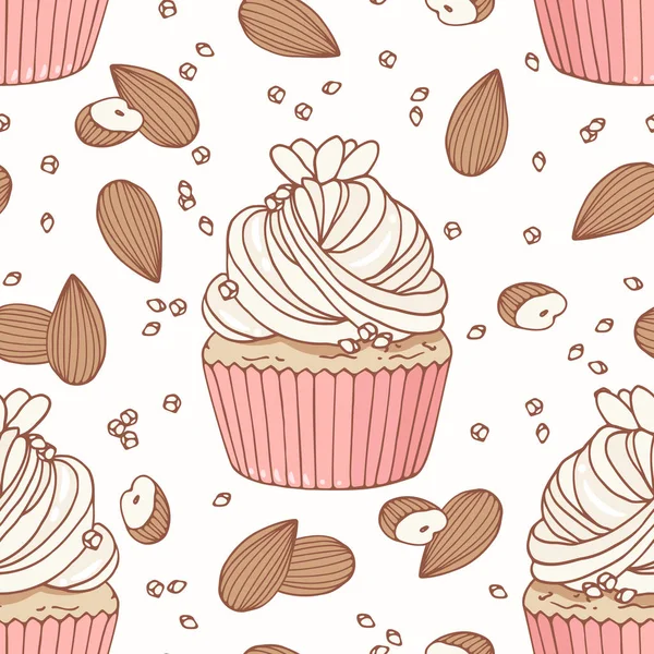 Kézzel rajzolt varrat nélküli mintát doodle cupcake, a mandula és a vajkrém. Élelmiszer-háttér — Stock Vector