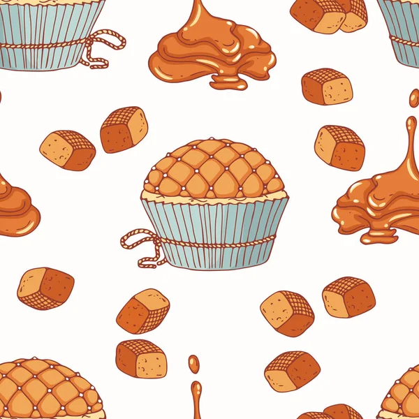 Handgezeichnetes nahtloses Muster mit Doodle-Cupcake und Karamell-Buttercreme. Lebensmittel-Hintergrund — Stockvektor