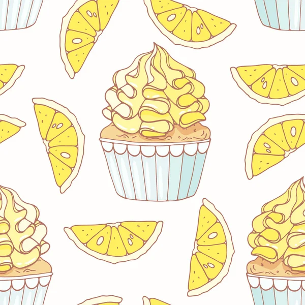손 낙서 컵 케 익, 레몬 buttercream와 함께 그려진된 완벽 한 패턴입니다. 음식 배경 — 스톡 벡터