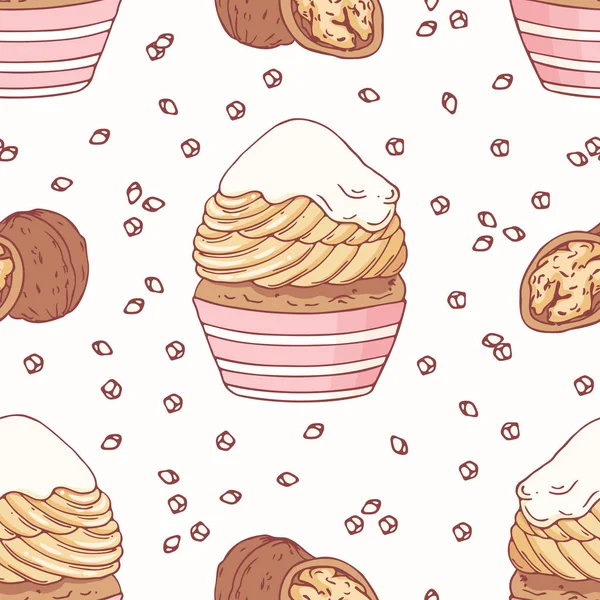 Hand drawn seamless pattern with doodle cupcake, walnut and buttercream. Food background — Stock Vector