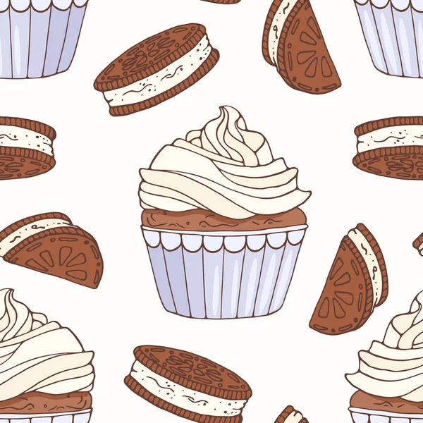 Modèle sans couture dessiné à la main avec cupcake doodle, biscuit au chocolat et crème au beurre. Contexte alimentaire — Image vectorielle