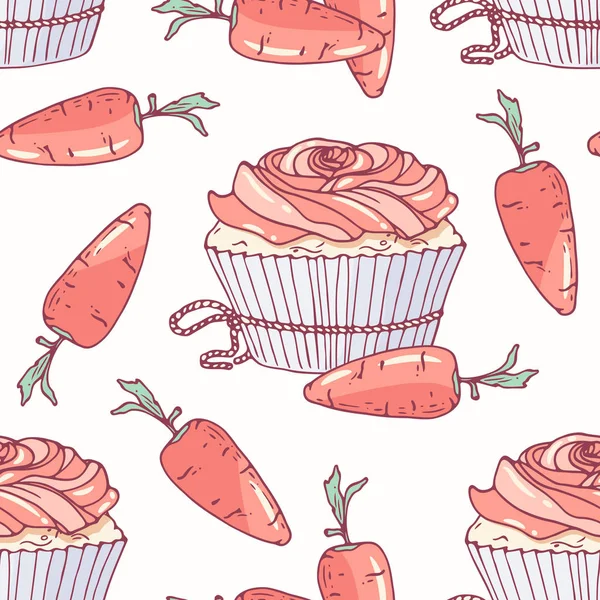 Modèle sans couture dessiné à la main avec cupcake doodle et crème au beurre de carotte. Contexte alimentaire — Image vectorielle