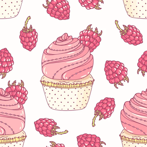 Hand drawn seamless pattern with doodle cupcake and raspberry buttercream. Food background — Stock Vector