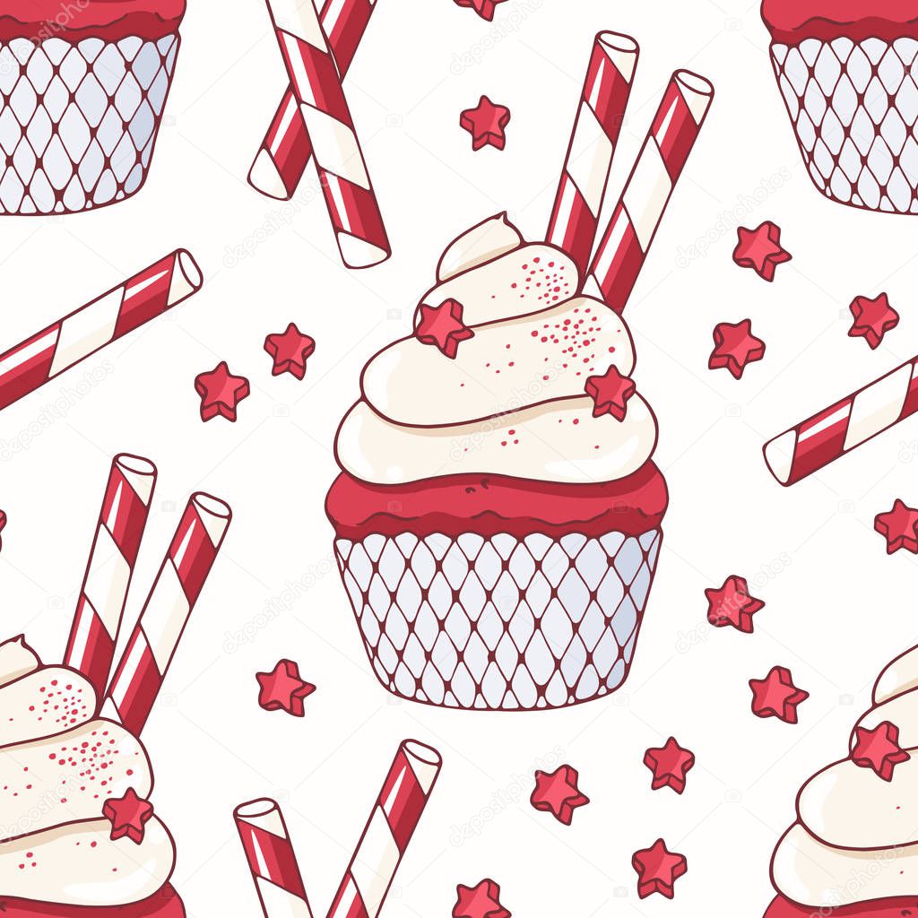 Hand drawn seamless pattern with doodle red velvet cupcake. Food background
