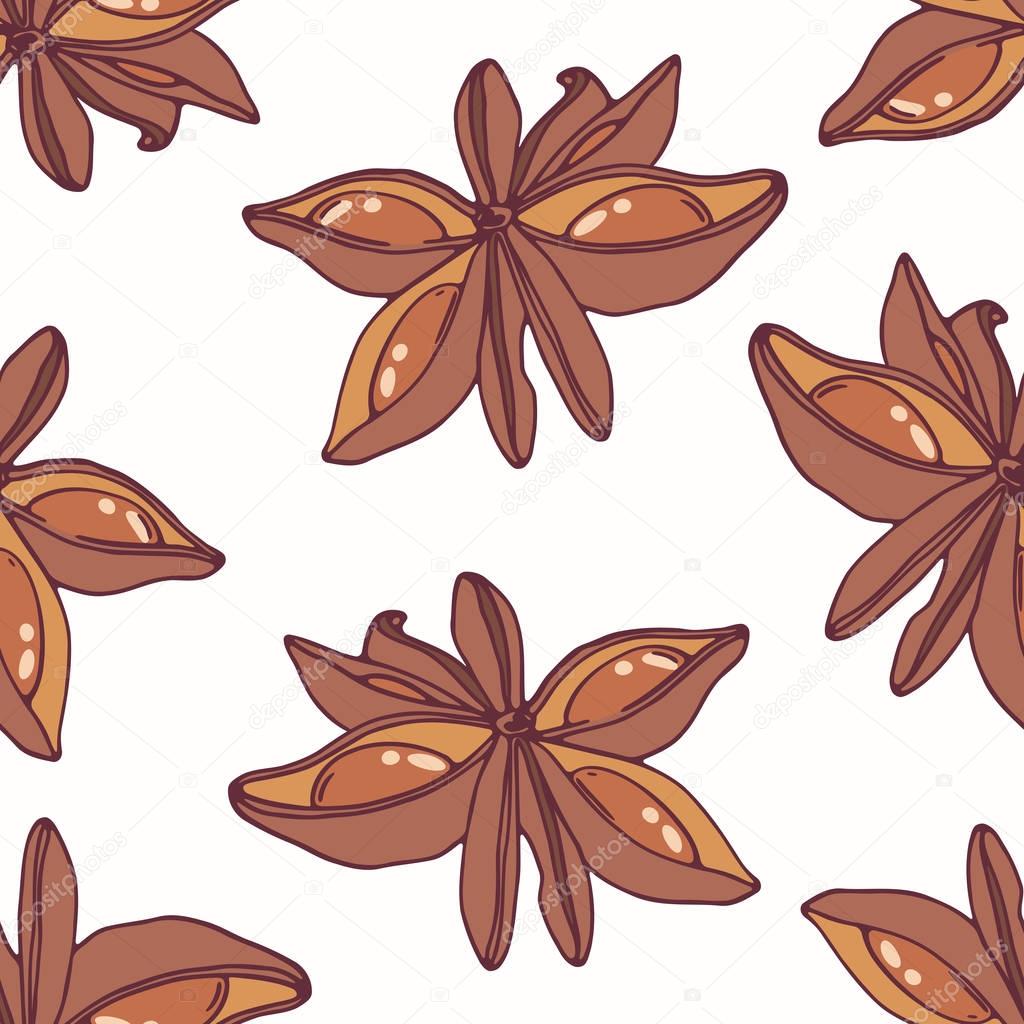 Hand drawn seamless pattern with star anise. Background for cafe, kitchen or food package