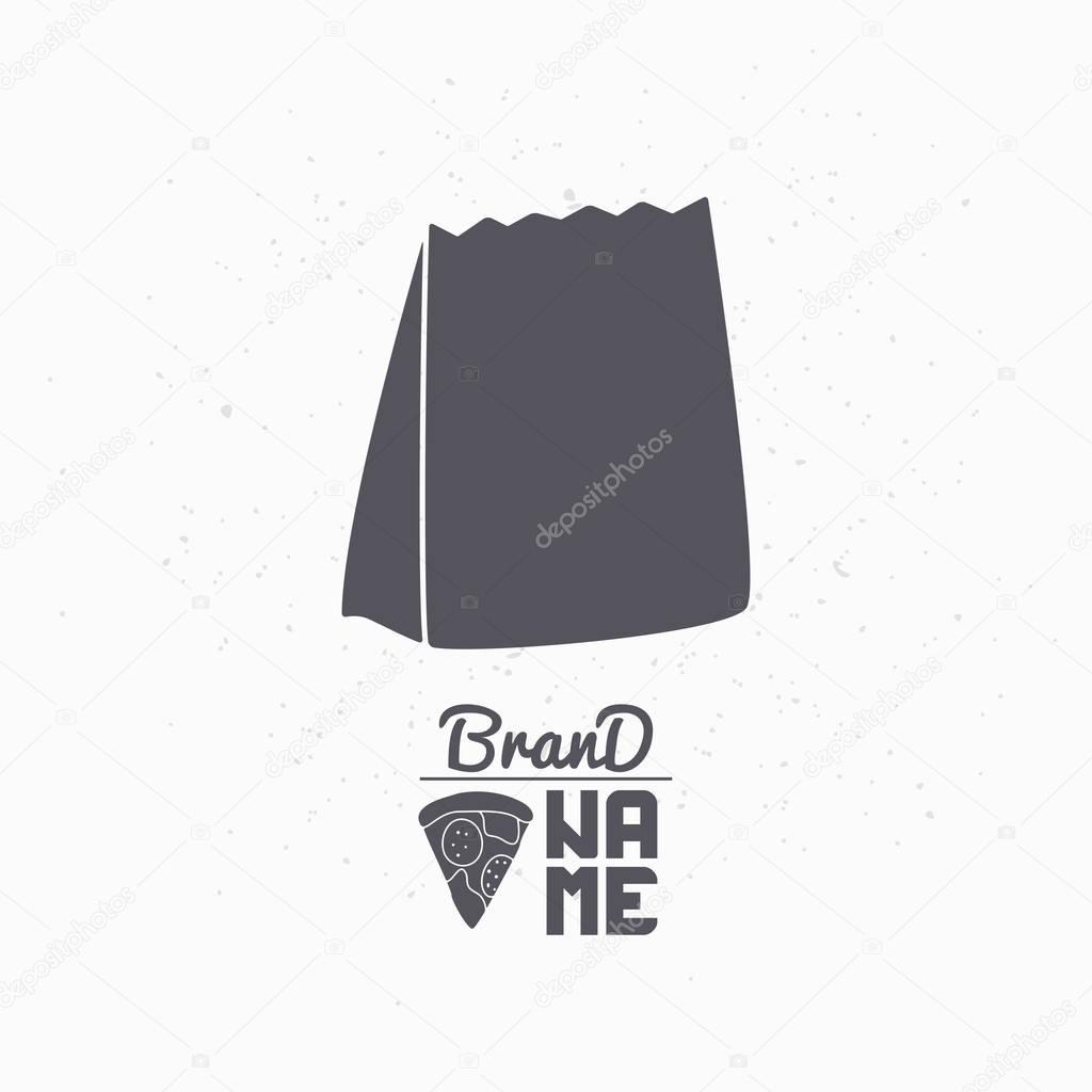 Hand drawn silhouette of takeaway paper bag. Fast food logo template for craft packaging or brand identity. Vector illustration
