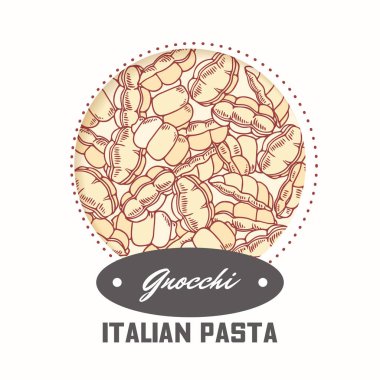 El ile etiket makarna gnocchi desenle çizilmiş. Gıda ambalaj tasarımı için şablon