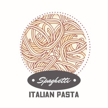 Beyaz izole elle çizilmiş makarna spagetti ile etiket. Gıda ambalaj tasarımı için şablon