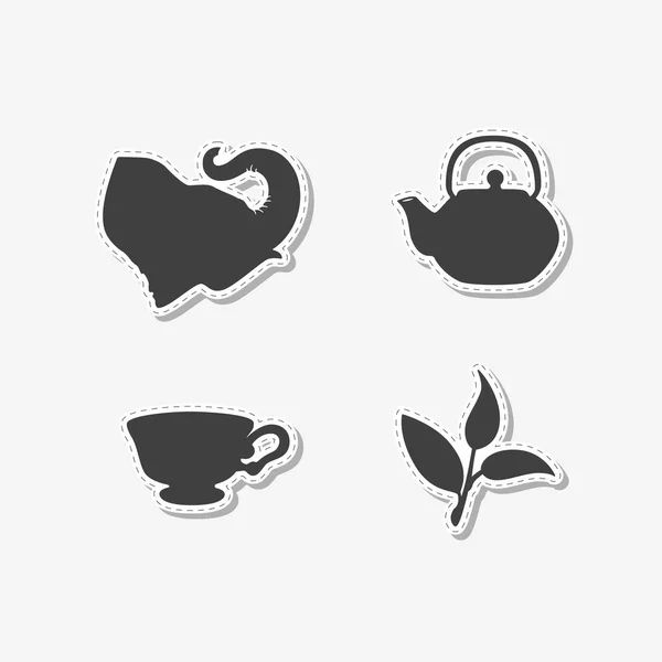 Set handgezeichneter Aufkleber mit Elefant, Teekanne, Teeblatt und Tasse. Vorlagen für Design oder Markenidentität. — Stockvektor