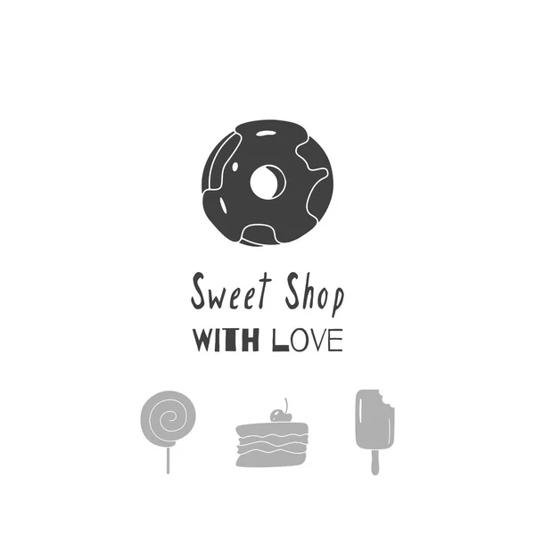 Silhouettes dessinées à la main. Modèle de logo Sweet shop pour l'emballage alimentaire artisanal ou l'identité de la marque — Image vectorielle