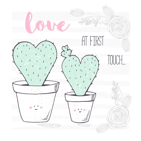 Familia feliz en forma de corazón de cactus con un bebé. Tarjeta de felicitación de San Valentín — Vector de stock