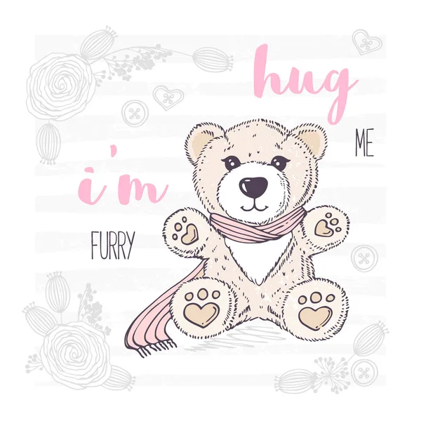 Cute hand drawn teddy bear with scarf. Valentines day greeting card — Stock Vector