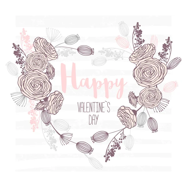 Valentines day hand drawn greeting card. Heart shape floral frame. Template background with place for text — Stock Vector
