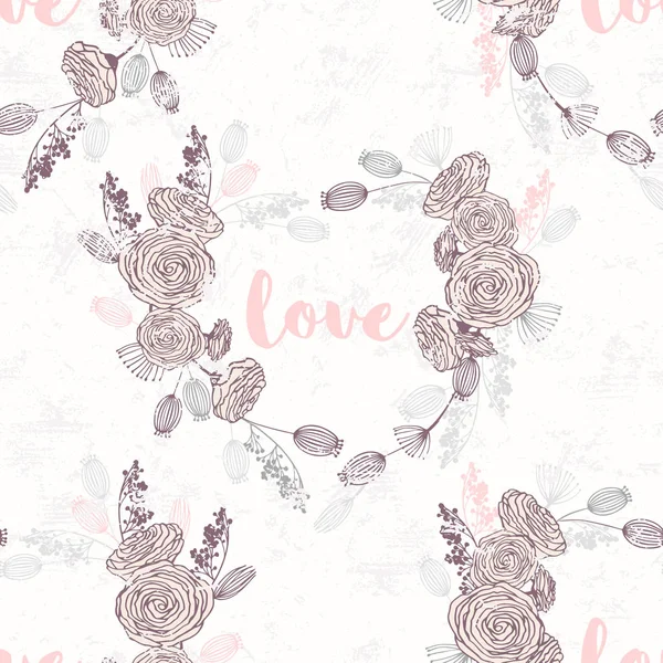 Valentinstag von Hand gezeichnete nahtlose Muster. Herzform floralen Rahmen. romantischer Hintergrund mit Platz für Text — Stockvektor