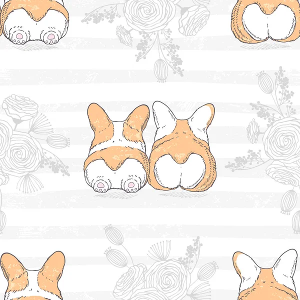 Padrão sem costura com dois cães desenhados à mão bonito raça galês corgi pembroke. Fundo floral romântico — Vetor de Stock